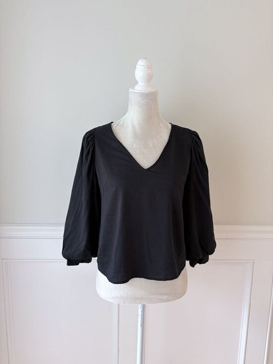 a new day Tops - A New Day Black Puff Sleeve V-Neck Blouse XS Cotton Blend
